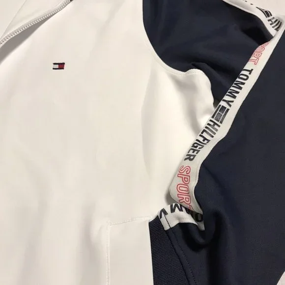 Tommy Hilfiger Mens Full Zip Mock Neck Sweater Size L Tall White Navy Stretch Zip Up